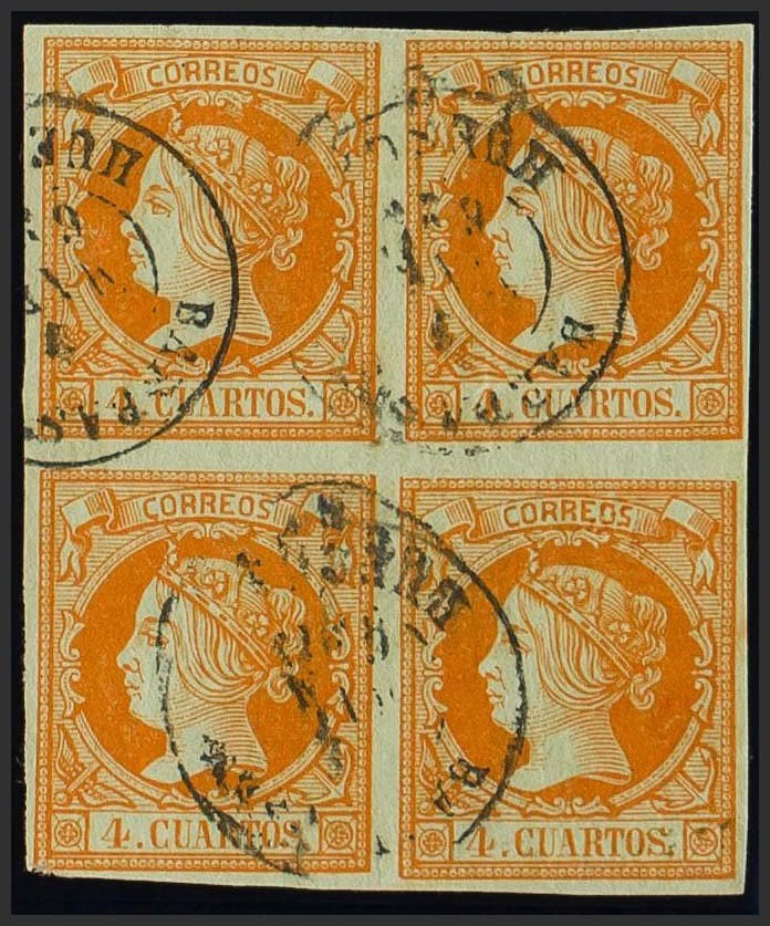 Aragon. Philately. Used 52(4). 1860. 4 Orange Quarters, Block Of Four. 1017672847069372564