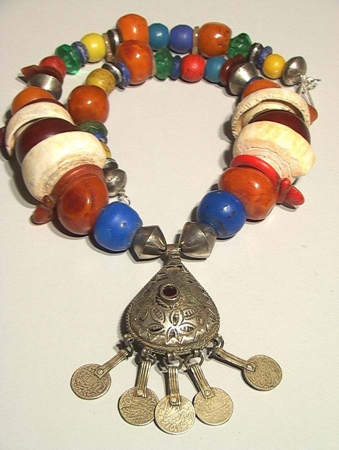 Vintage tribal Moroccan Berber silver pendant, phenolic resin, Moorish shell, glass beads necklace, tribalgallery. 1017672847069474739