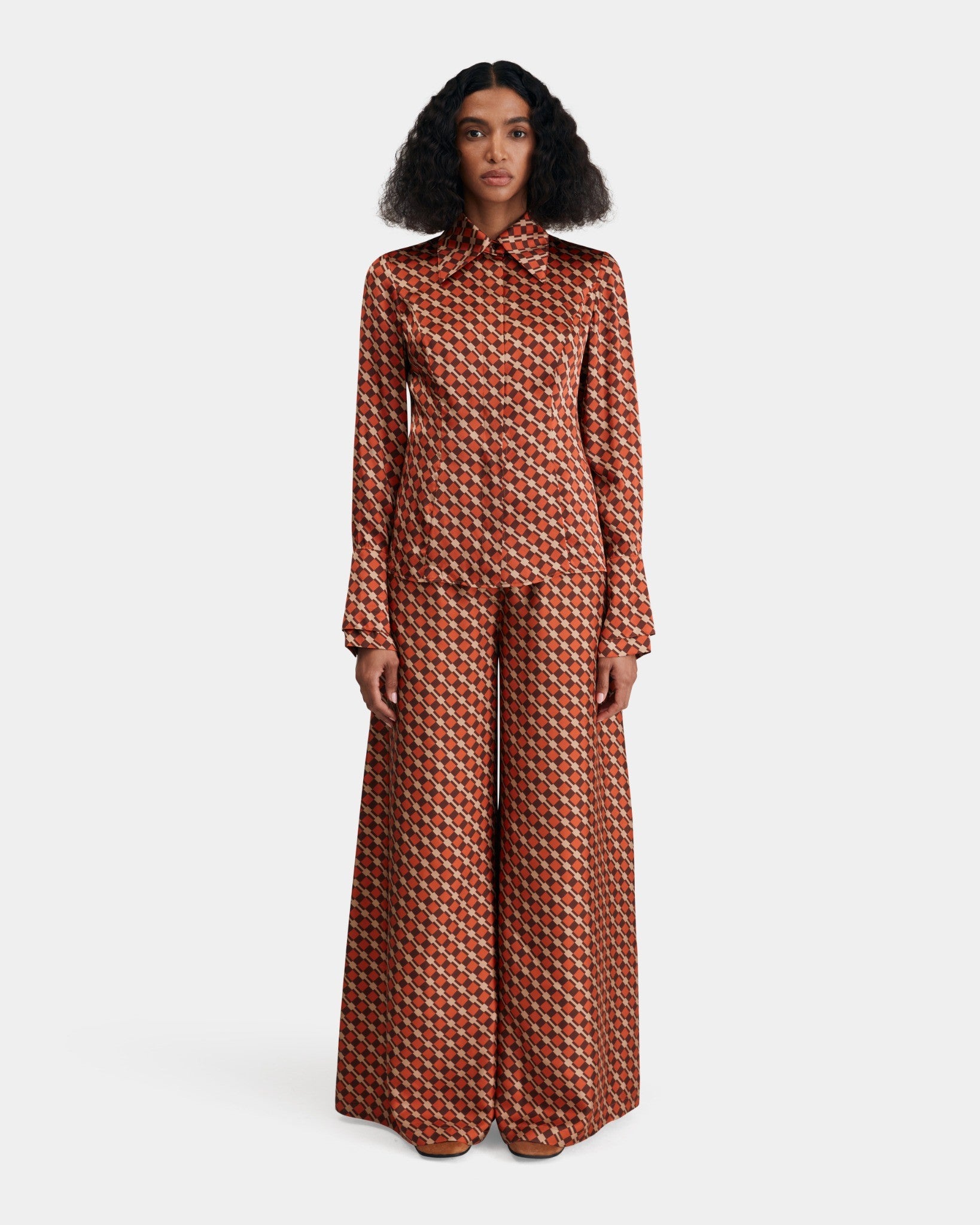 Silk Crepe Shirt in Rust and Brown Check