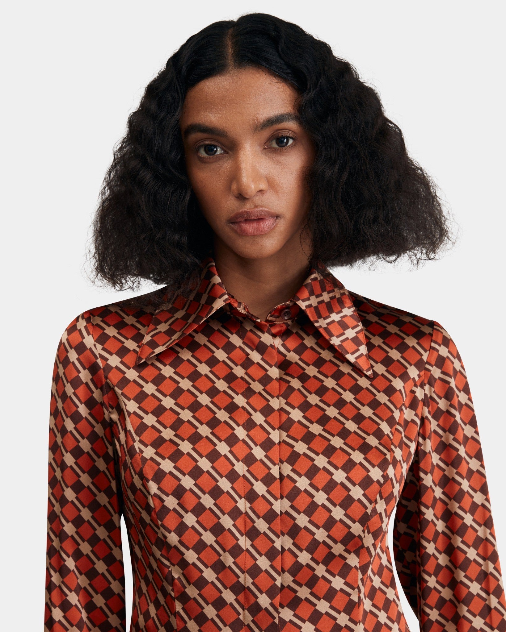 Silk Crepe Shirt in Rust and Brown Check