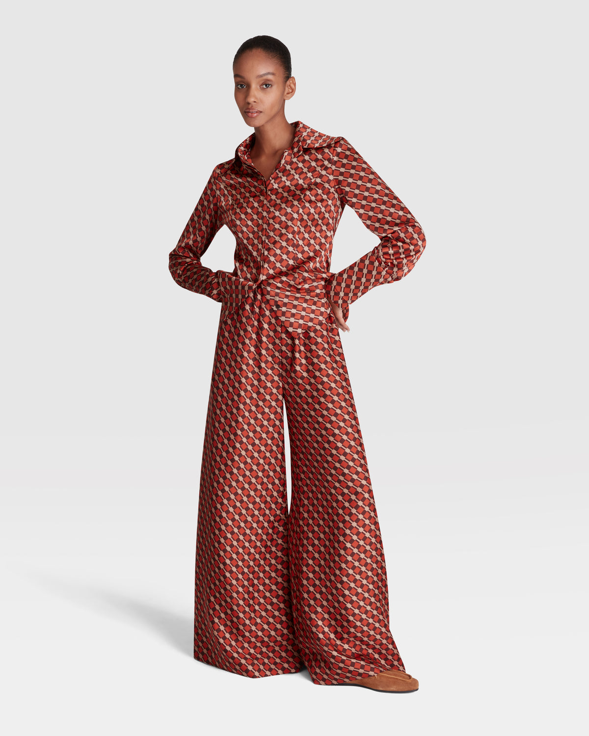 Silk Crepe Shirt in Rust and Brown Check