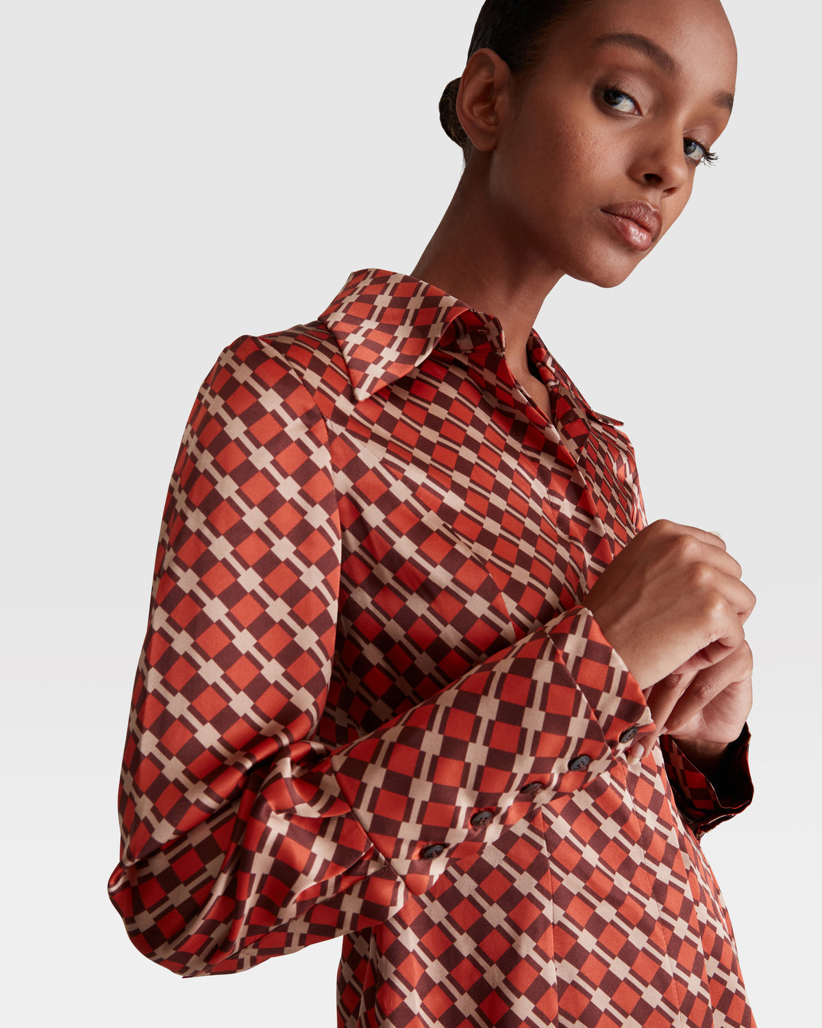 Silk Crepe Shirt in Rust and Brown Check