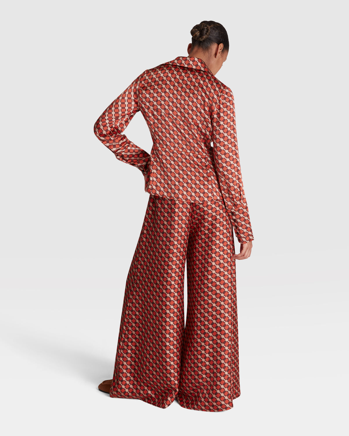 Silk Crepe Shirt in Rust and Brown Check