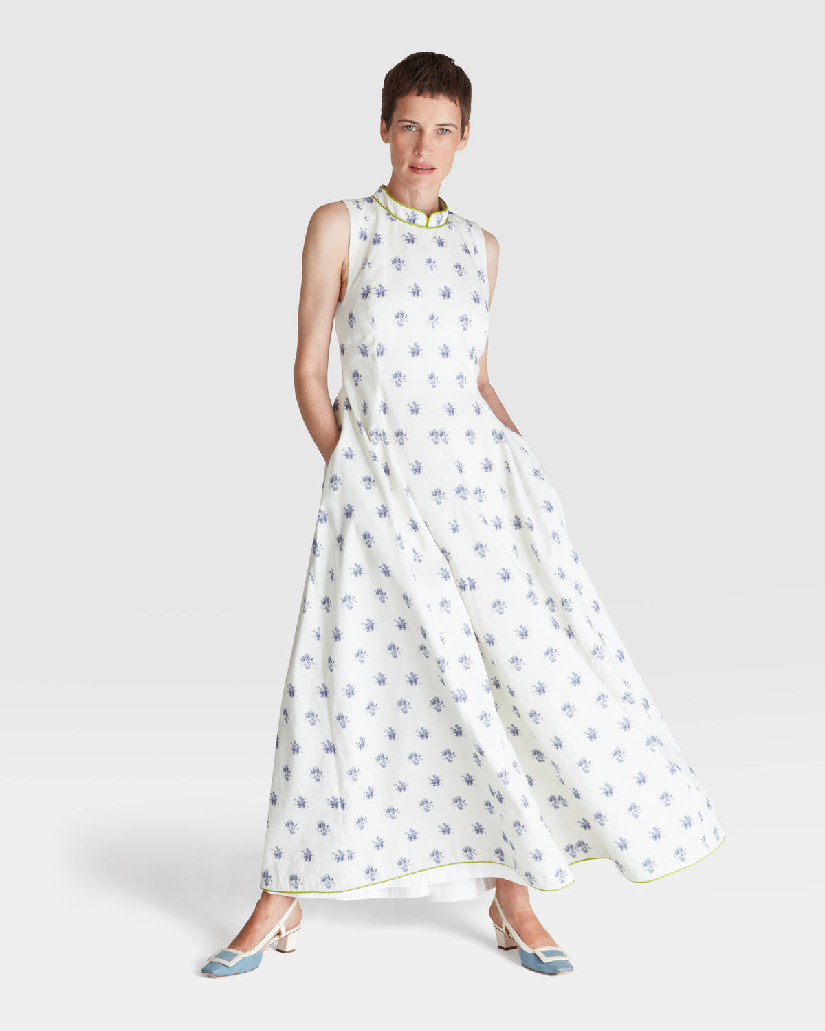 PIPED MANDARIN COLLAR MAXI DRESS