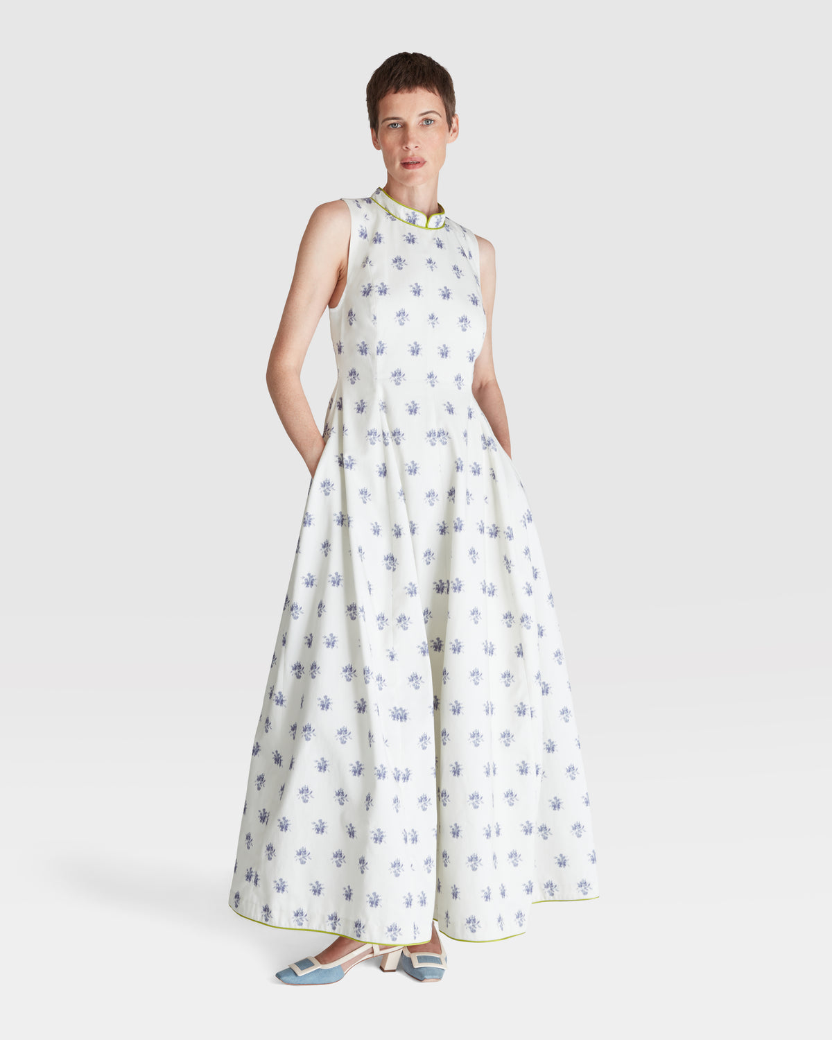PIPED MANDARIN COLLAR MAXI DRESS