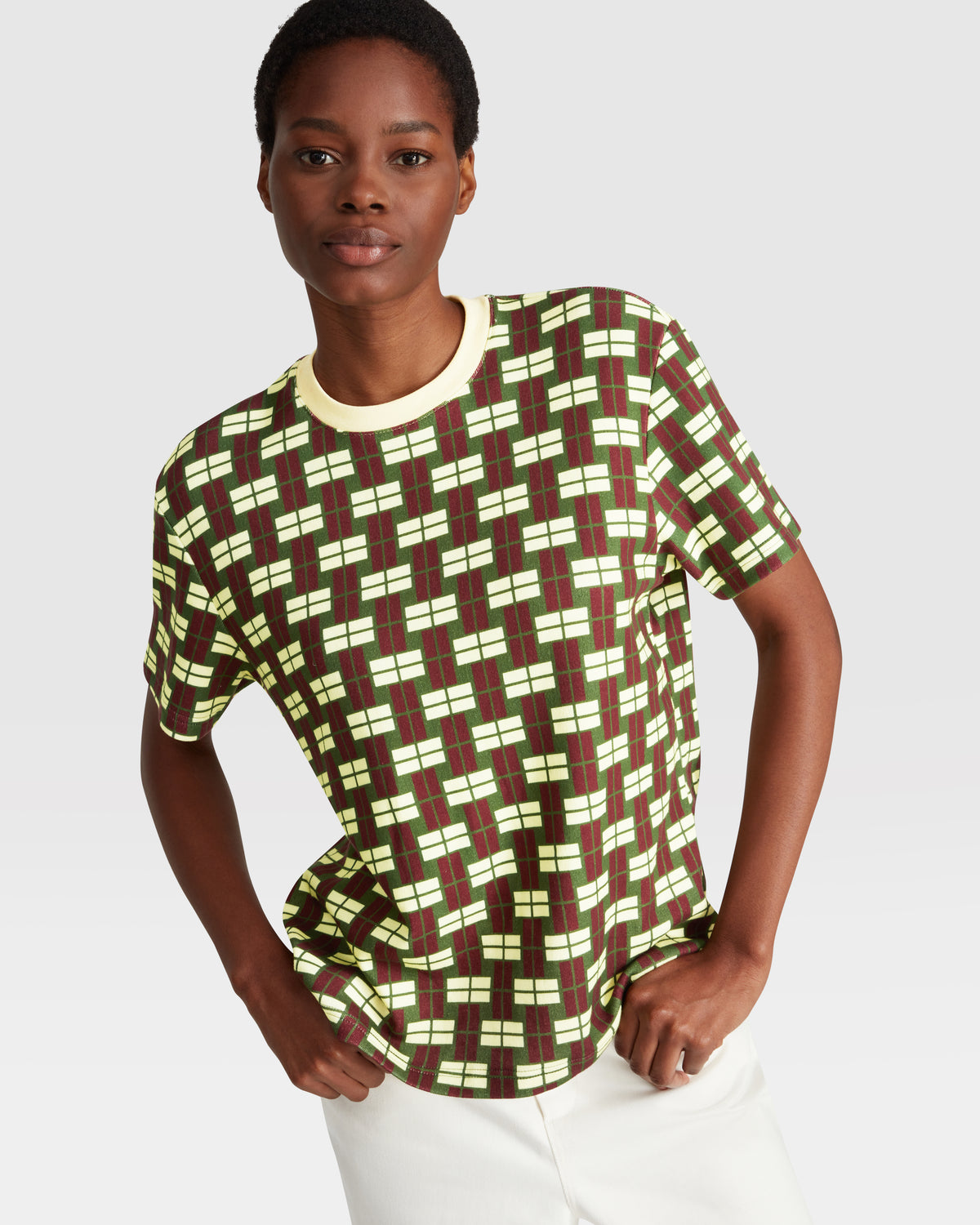 CHECKED CREW NECK T-SHIRT