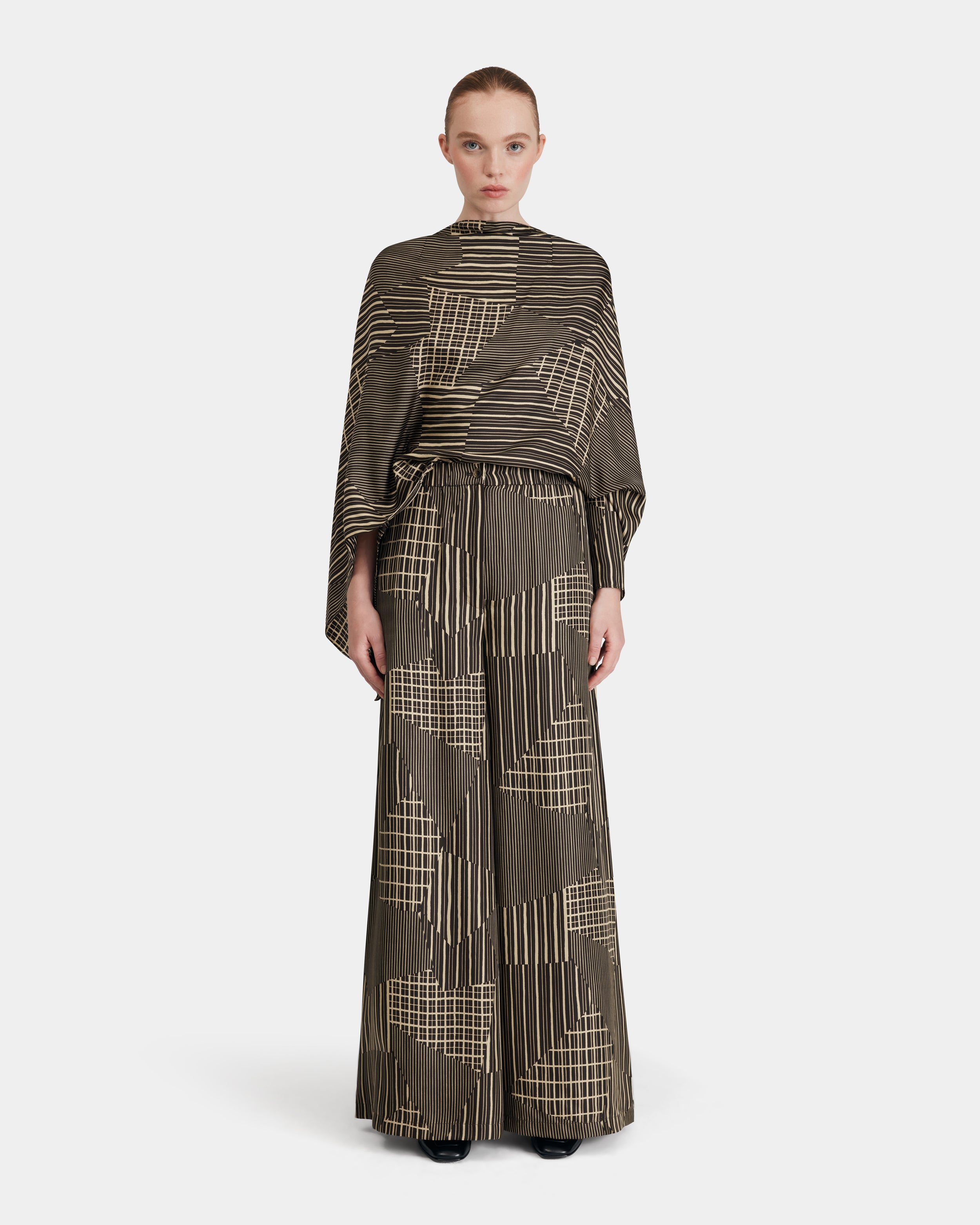 Silk Twill Trousers in Hand Drawn Patchwork