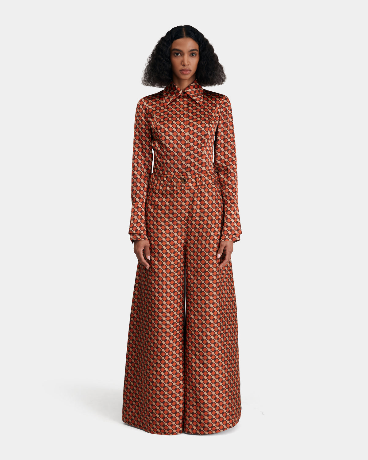 Silk Twill Trousers in Rust and Brown Check