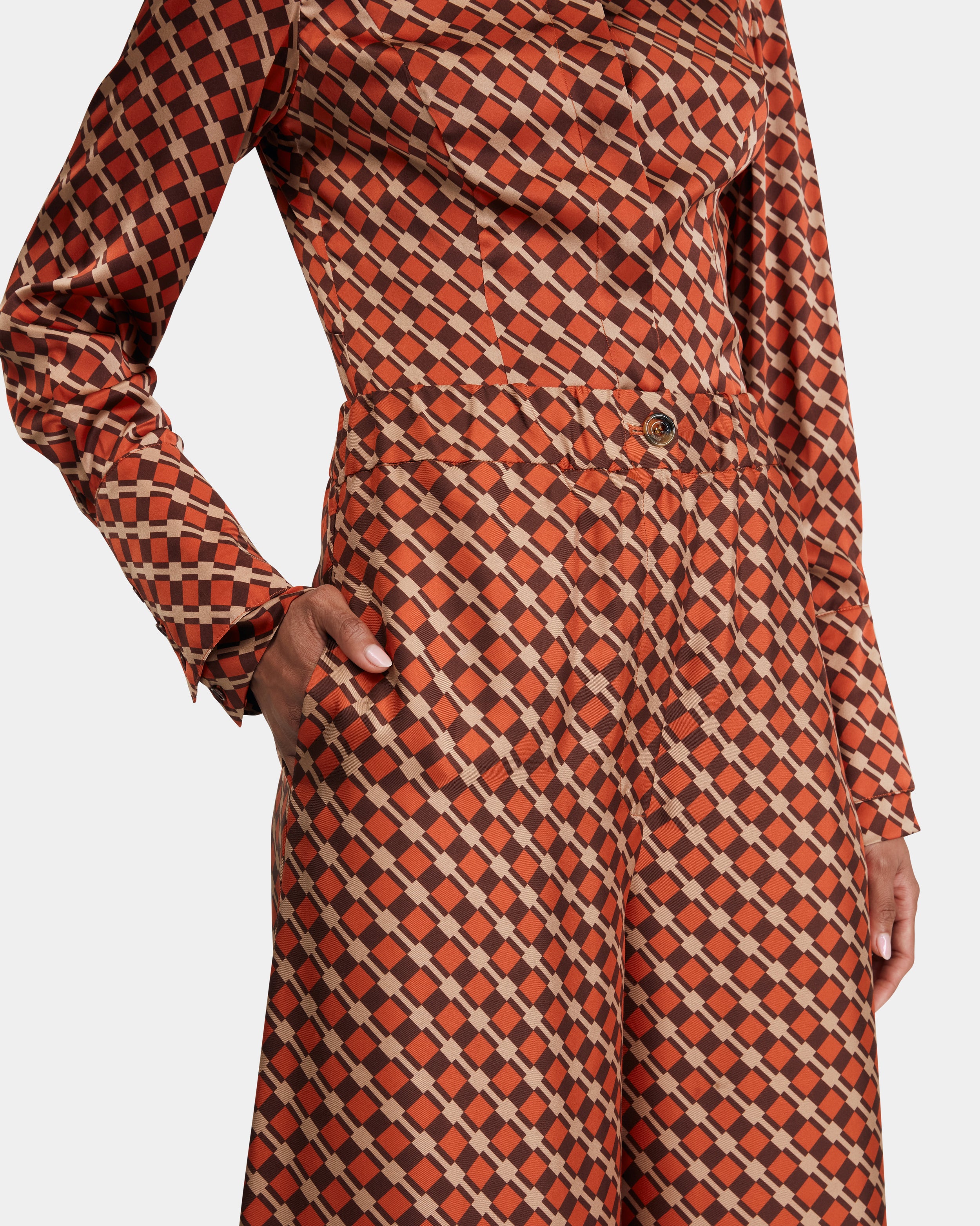 Silk Twill Trousers in Rust and Brown Check