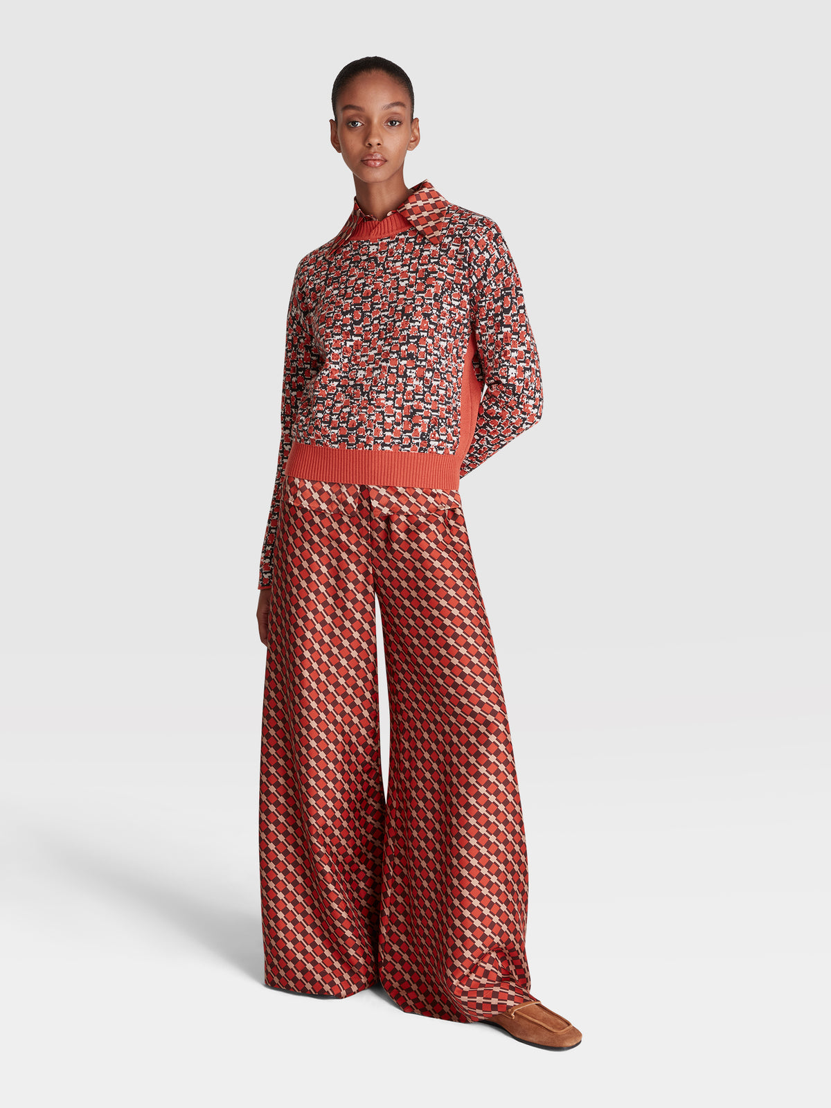 Silk Twill Trousers in Rust and Brown Check