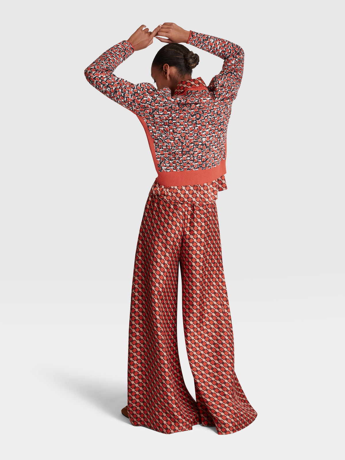 Silk Twill Trousers in Rust and Brown Check