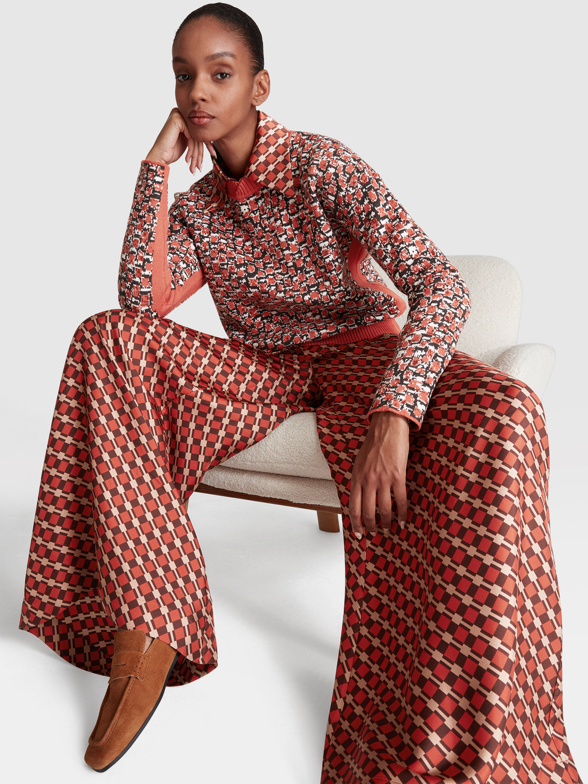 Silk Twill Trousers in Rust and Brown Check